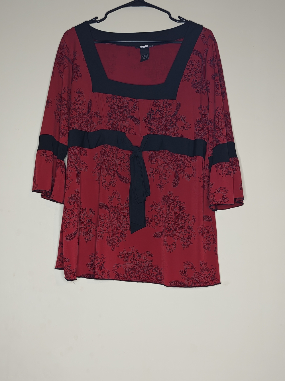 Studio 1940 Red Square-Neck Tie-Waist Tunic with Black Trim XL